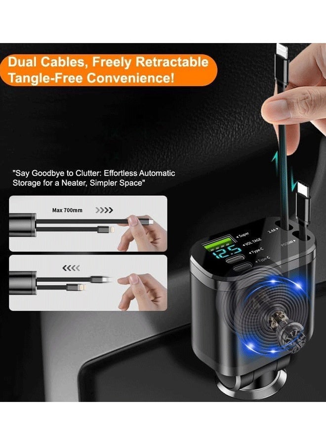 XiuWoo Retractable Car Charger 5 in 1, 69W Fast Charging with 2X Retractable Cords [IOS Interface+ Type-C], 2X Type-C & 1X Type-A Port for iPhone 16/15/14/13/12, Samsung, and More - Black - Image 3