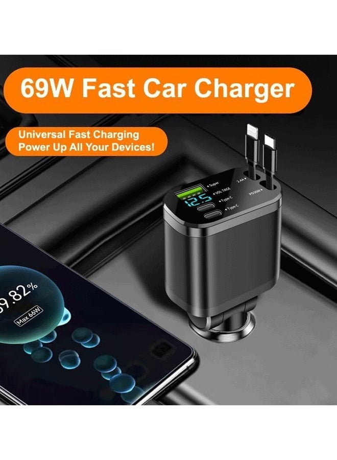 XiuWoo Retractable Car Charger 5 in 1, 69W Fast Charging with 2X Retractable Cords [IOS Interface+ Type-C], 2X Type-C & 1X Type-A Port for iPhone 16/15/14/13/12, Samsung, and More - Black - Image 2