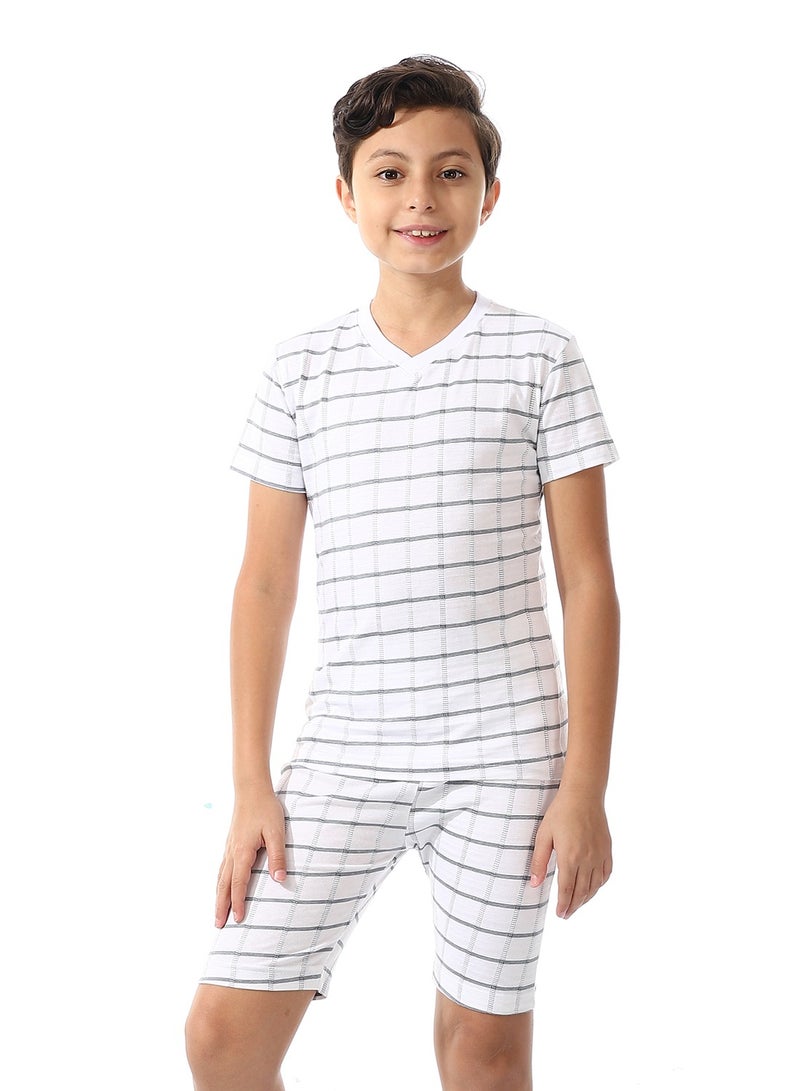 Andora Boys Checkered Cotton Summer Pajama Set_White & Black - Image 1