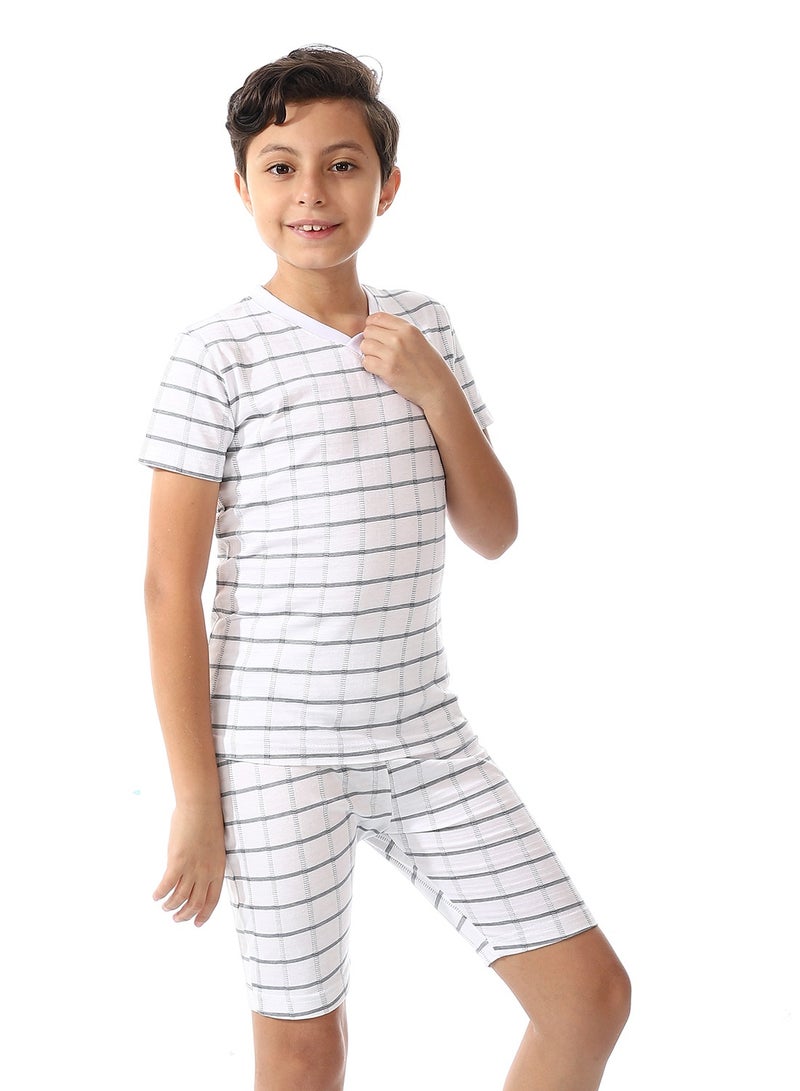 Andora Boys Checkered Cotton Summer Pajama Set_White & Black - Image 3