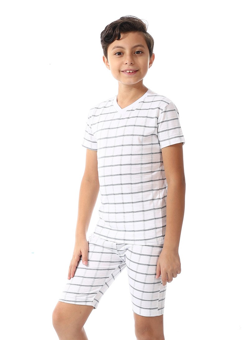 Andora Boys Checkered Cotton Summer Pajama Set_White & Black - Image 2