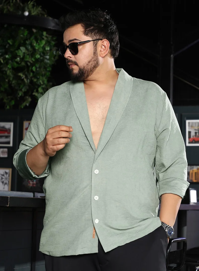 Men Solid Shawl Collar Relaxed Shirt | Shawl Collar, Long Button-Cuff Sleeves | Button Closure, Straight Hem | Solid Creased | Woven Fabric For Plus Size Casual & Evening Wear | Green