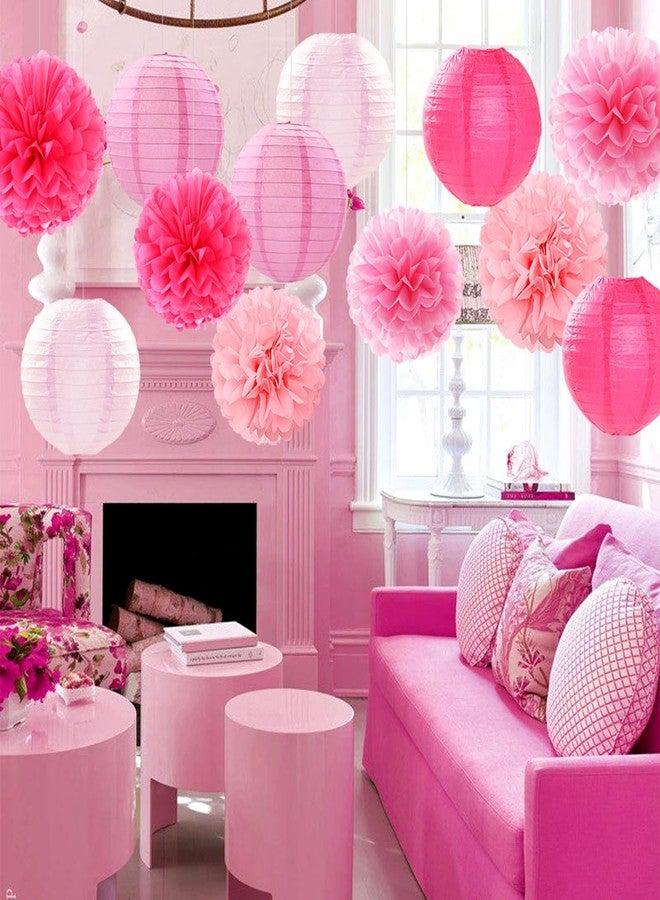 Hugfond Light-Hot Pink Party-Decorations Paper-Flowers Lanterns- 15pcs Graduation Girl Birthday Decor Tissue Pom Poms Streamers, Bridal Baby Shower Wedding Bachelorette Valentine Hanging Supplies - Image 3