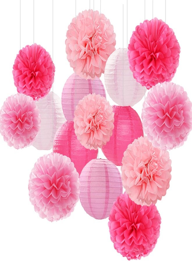 Hugfond Light-Hot Pink Party-Decorations Paper-Flowers Lanterns- 15pcs Graduation Girl Birthday Decor Tissue Pom Poms Streamers, Bridal Baby Shower Wedding Bachelorette Valentine Hanging Supplies - Image 1