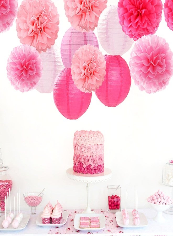 Hugfond Light-Hot Pink Party-Decorations Paper-Flowers Lanterns- 15pcs Graduation Girl Birthday Decor Tissue Pom Poms Streamers, Bridal Baby Shower Wedding Bachelorette Valentine Hanging Supplies - Image 2