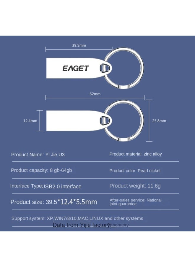 محرك ذاكرة يوب USB لعلامة إيجيت Eaget النوع U3 بحلقة مفتاح يوب USB 2.0 تخزين سريع حجم مضغوط - Image 2
