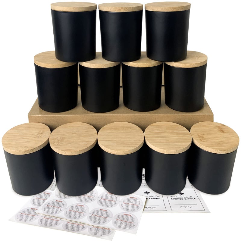 CONNOO 12 Pack 10 OZ Matte Black Glass Candle Jars for Making Candles with Airtight Bamboo Lids Nice Sticky Warning Labels for Candle Making Empty Container Bulk - Dishwasher Safe - Image 1