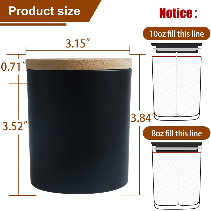 CONNOO 12 Pack 10 OZ Matte Black Glass Candle Jars for Making Candles with Airtight Bamboo Lids Nice Sticky Warning Labels for Candle Making Empty Container Bulk - Dishwasher Safe - Image 2