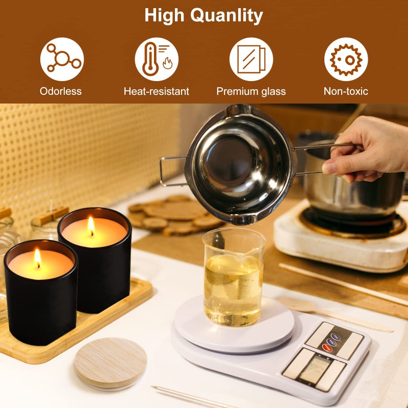 CONNOO 12 Pack 10 OZ Matte Black Glass Candle Jars for Making Candles with Airtight Bamboo Lids Nice Sticky Warning Labels for Candle Making Empty Container Bulk - Dishwasher Safe - Image 4