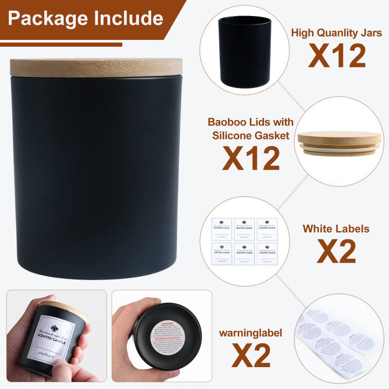 CONNOO 12 Pack 10 OZ Matte Black Glass Candle Jars for Making Candles with Airtight Bamboo Lids Nice Sticky Warning Labels for Candle Making Empty Container Bulk - Dishwasher Safe - Image 3