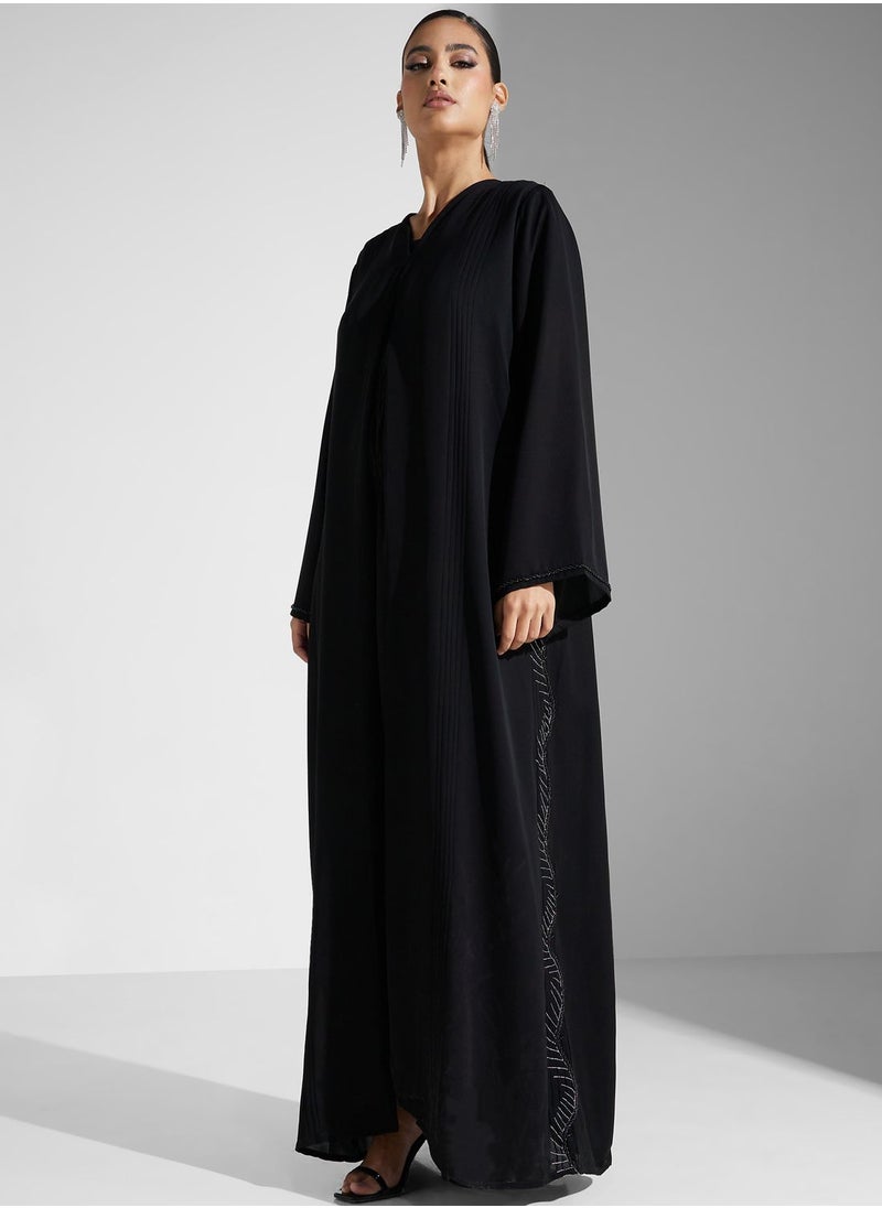 hayas closet - Embroidered V-Neck Black Abaya With Sheila - Image 1