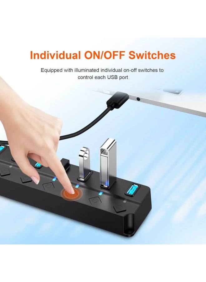 موزع USB، موزع USB 3.0 بسبعة منافذ، موزع USB مزود بمفاتيح تشغيل ومؤشرات ضوئية فردية، كابل بطول 30 سم، موزع تمديد عالي السرعة لأجهزة الكمبيوتر الشخصية، وأجهزة الكمبيوتر المحمولة، وأجهزة MacBook، وMac Pro، وMac mini، وiMac، وغيرها. - Image 4