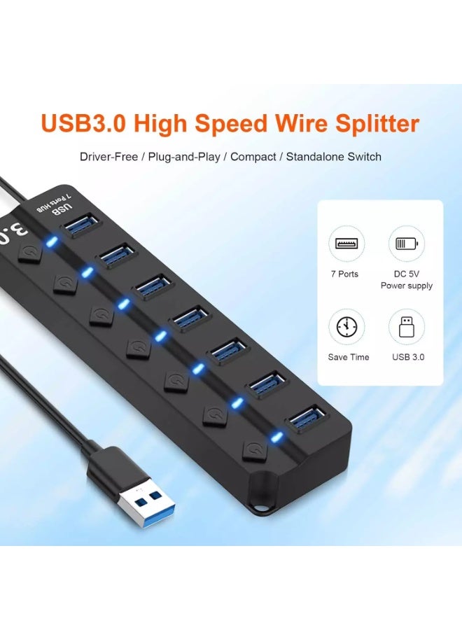 موزع USB، موزع USB 3.0 بسبعة منافذ، موزع USB مزود بمفاتيح تشغيل ومؤشرات ضوئية فردية، كابل بطول 30 سم، موزع تمديد عالي السرعة لأجهزة الكمبيوتر الشخصية، وأجهزة الكمبيوتر المحمولة، وأجهزة MacBook، وMac Pro، وMac mini، وiMac، وغيرها. - Image 5