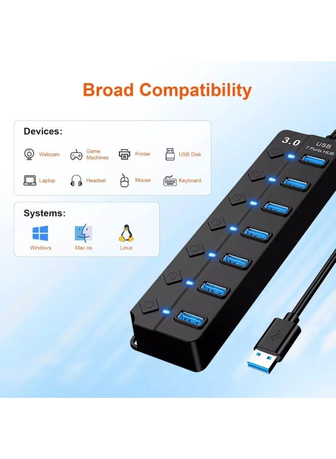 موزع USB، موزع USB 3.0 بسبعة منافذ، موزع USB مزود بمفاتيح تشغيل ومؤشرات ضوئية فردية، كابل بطول 30 سم، موزع تمديد عالي السرعة لأجهزة الكمبيوتر الشخصية، وأجهزة الكمبيوتر المحمولة، وأجهزة MacBook، وMac Pro، وMac mini، وiMac، وغيرها. - Image 3