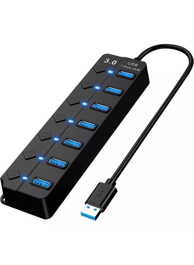 موزع USB، موزع USB 3.0 بسبعة منافذ، موزع USB مزود بمفاتيح تشغيل ومؤشرات ضوئية فردية، كابل بطول 30 سم، موزع تمديد عالي السرعة لأجهزة الكمبيوتر الشخصية، وأجهزة الكمبيوتر المحمولة، وأجهزة MacBook، وMac Pro، وMac mini، وiMac، وغيرها. - Image 1