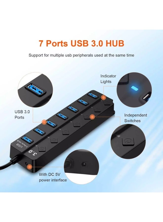 موزع USB، موزع USB 3.0 بسبعة منافذ، موزع USB مزود بمفاتيح تشغيل ومؤشرات ضوئية فردية، كابل بطول 30 سم، موزع تمديد عالي السرعة لأجهزة الكمبيوتر الشخصية، وأجهزة الكمبيوتر المحمولة، وأجهزة MacBook، وMac Pro، وMac mini، وiMac، وغيرها. - Image 2