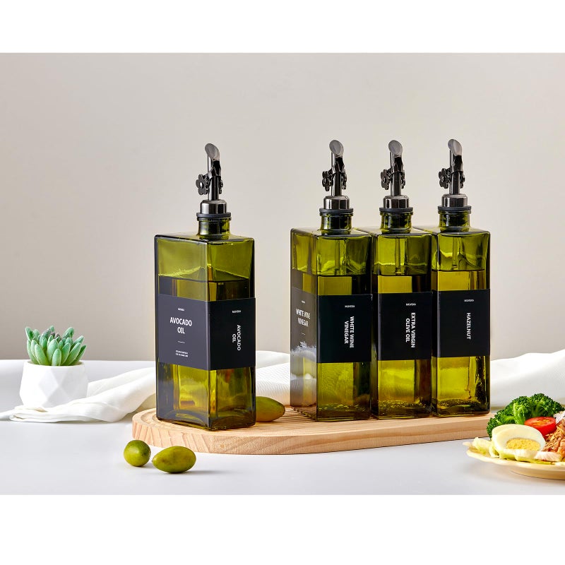 MUVEKA Olive Oil Dispenser Bottle for Kitchen, 16.9oz /500ml Cooking Vinegar Dispenser Bottle Set, Glass Sauce Container, Labels, Brush, Funnel, Stoppers, Green for Oil, Wine - Image 2