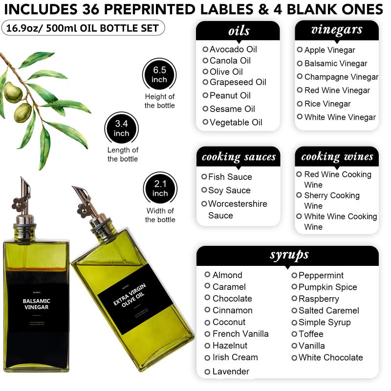 MUVEKA Olive Oil Dispenser Bottle for Kitchen, 16.9oz /500ml Cooking Vinegar Dispenser Bottle Set, Glass Sauce Container, Labels, Brush, Funnel, Stoppers, Green for Oil, Wine - Image 3
