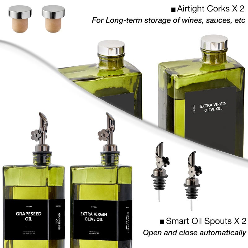 MUVEKA Olive Oil Dispenser Bottle for Kitchen, 16.9oz /500ml Cooking Vinegar Dispenser Bottle Set, Glass Sauce Container, Labels, Brush, Funnel, Stoppers, Green for Oil, Wine - Image 5