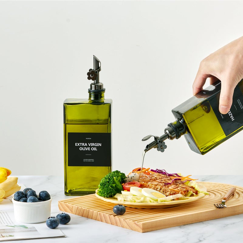 MUVEKA Olive Oil Dispenser Bottle for Kitchen, 16.9oz /500ml Cooking Vinegar Dispenser Bottle Set, Glass Sauce Container, Labels, Brush, Funnel, Stoppers, Green for Oil, Wine - Image 4