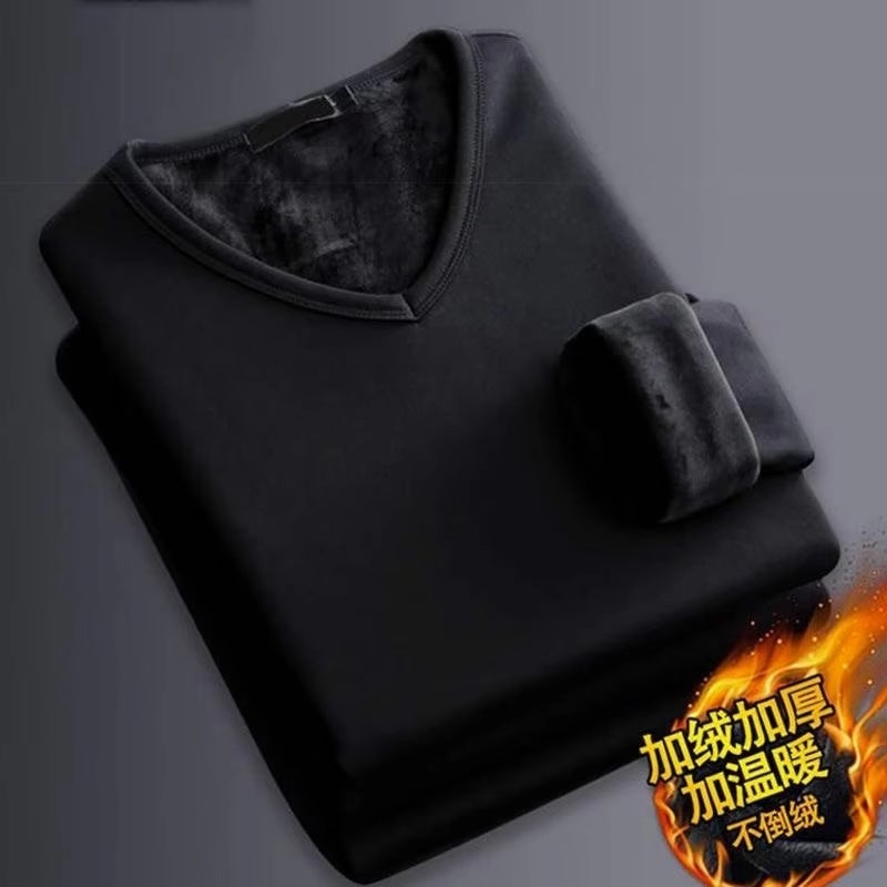 Mens Thermal Fleece-Lined Long Sleeve Tees Black (V-neck)  - Image 1