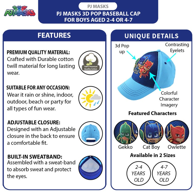 PJMASKS PJ Masks Boys' Baseball Cap - 3D Catboy, Owlette, Gekko Curved Brim Snap Back Hat (2T-7), Size 4-7 Years, Pj Mask Light Blue - Image 2