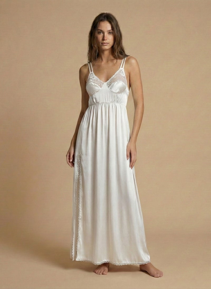 لاسو قميص نوم ماكسي أنيق من الساتان من لاسو، مزين بالدانتيل، بياقة على شكل حرف V وخصر مرتفع، ملابس نوم داخلية، رمز المنتج 2954