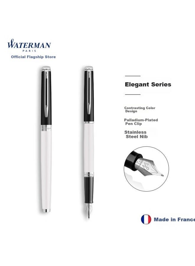 Waterman قلم حبر سائل ووتيرمان كلاسيك أسود وأبيض مع خرطوشة حبر + علبة هدايا سداسية - قلم توقيع للمكتب وهدايا عيد الميلاد - Image 1
