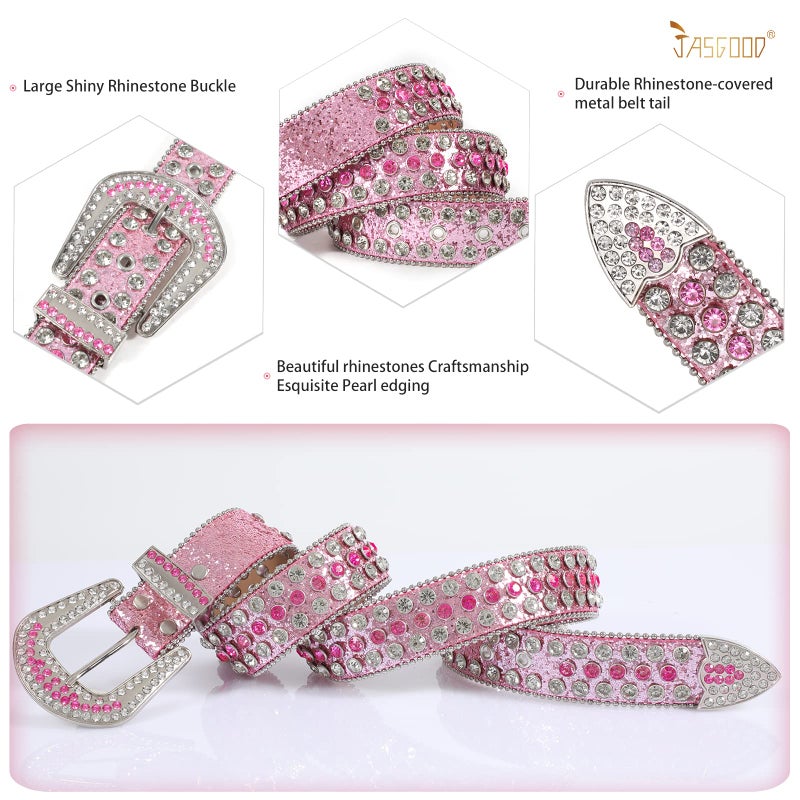 JASGOOD Women Men Rhinestones Belt,Bling Western Cowgirl Cowboy Studded Leather Belt Diamond Waist Belt for Jeans Pants - Image 3