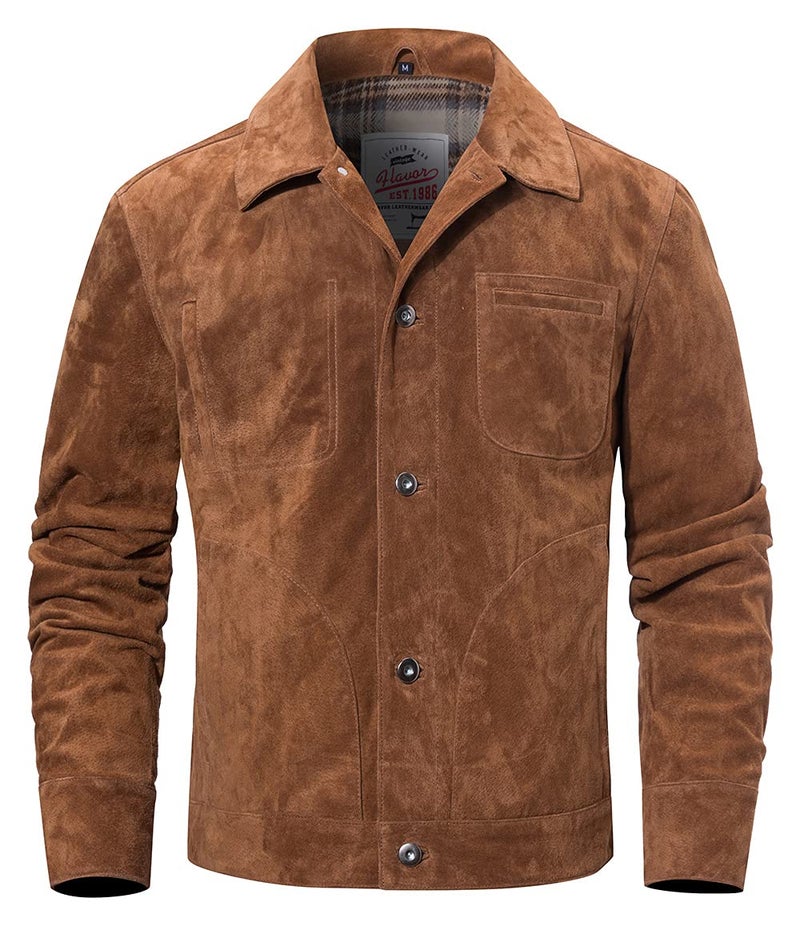 FLAVOR Mens Suede Leather Jacket Trucker Coat Medium Brown
