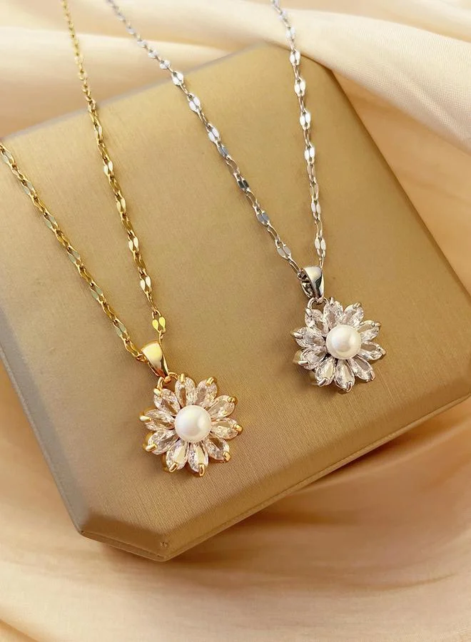 Take Two Take Two Silver Floral Embellished Drop Necklace