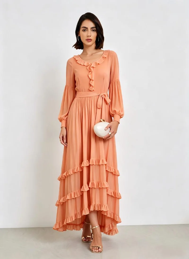 Take Two Orange Solid Long Sleeves Ruffled A-Line Midi Dress