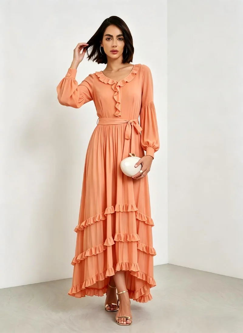 Take Two Orange Solid Long Sleeves Ruffled A-Line Midi Dress