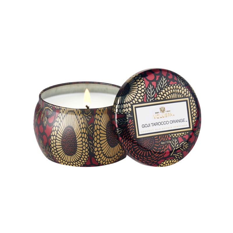 Voluspa Goji Tarocco Orange Mini Tin Candle 4 oz 25 Hour Burn Time Coconut Wax for Clean Burning Handcrafted in the USA