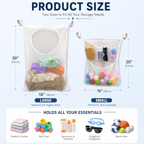 SKARUMMER Poolside Pool Float Storage, 3-Pack Mesh Storage Bags with 6 Adhesive Hooks & 6 Velcro Straps - Organize Pool Toys, Noodles, Floats, and Gear - Above Ground Pool Toy Storage, Mesh Swim Bag - Image 2