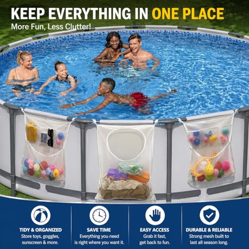 SKARUMMER Poolside Pool Float Storage, 3-Pack Mesh Storage Bags with 6 Adhesive Hooks & 6 Velcro Straps - Organize Pool Toys, Noodles, Floats, and Gear - Above Ground Pool Toy Storage, Mesh Swim Bag - Image 5