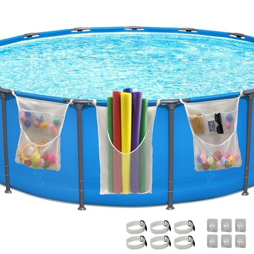 SKARUMMER Poolside Pool Float Storage, 3-Pack Mesh Storage Bags with 6 Adhesive Hooks & 6 Velcro Straps - Organize Pool Toys, Noodles, Floats, and Gear - Above Ground Pool Toy Storage, Mesh Swim Bag - Image 1