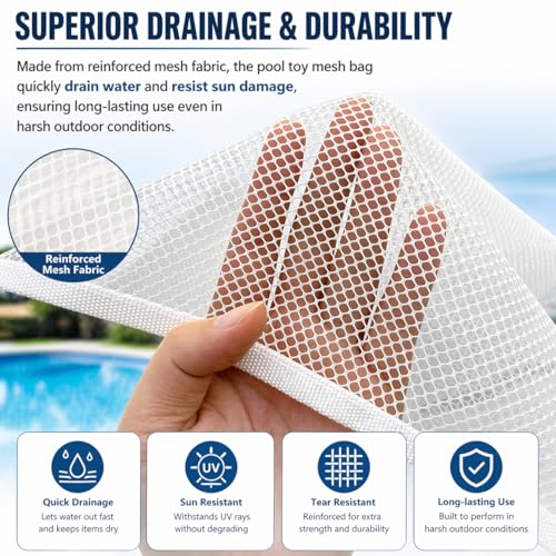 SKARUMMER Poolside Pool Float Storage, 3-Pack Mesh Storage Bags with 6 Adhesive Hooks & 6 Velcro Straps - Organize Pool Toys, Noodles, Floats, and Gear - Above Ground Pool Toy Storage, Mesh Swim Bag - Image 3