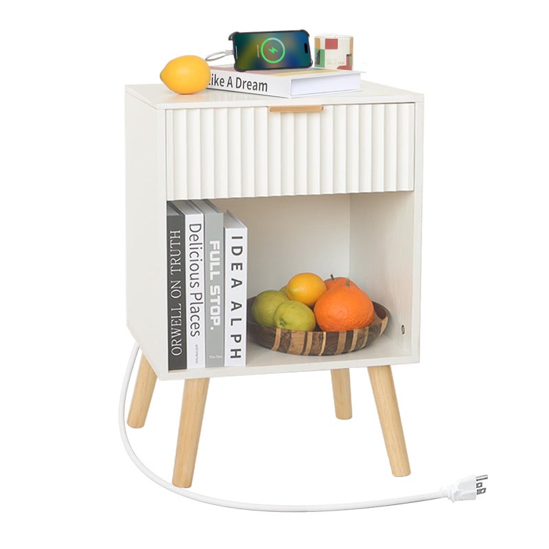 Fultyle White Nightstand with Charging Station Mid Century Modern Bedside Table with Drawers and OutletSide Tables Living Room Wooden Night Stand for Bedroom Office White