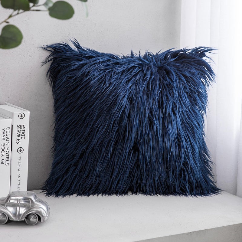 Phantoscope Faux Fur Solid Decorative Pillow Cover Fluffy Throw Pillow Mongolian Luxury Fuzzy Pillow Case Cushion Cover for Bedroom and CouchNavy Blue 18 x 18 Inches - Image 1