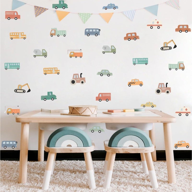 YIMEHDAN Watercolor Transportation Vehicle Wall DecalsTruck Tractor Excavator Bus Vinyl Wall Stickers SelfAdhesive Cartoon Construction Car Artwork for Boys Bedroom Playroom Decor