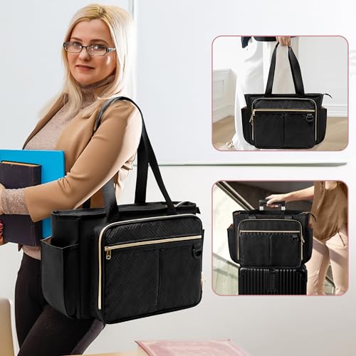 Prokva Teacher Tote Bag with Accordion File Organizer Pocket, Large Teacher Work Utility Bag for Women, Black(Patent Design) - Image 5