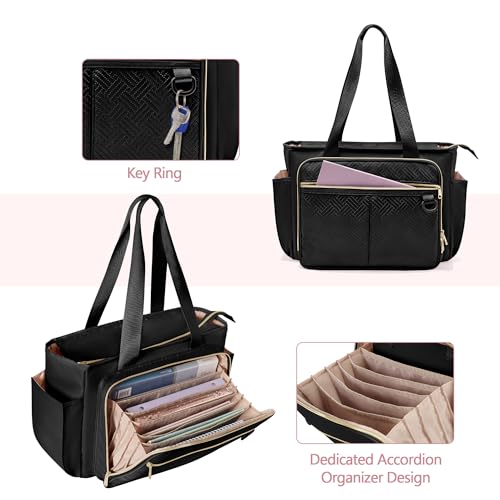 Prokva Teacher Tote Bag with Accordion File Organizer Pocket, Large Teacher Work Utility Bag for Women, Black(Patent Design) - Image 3