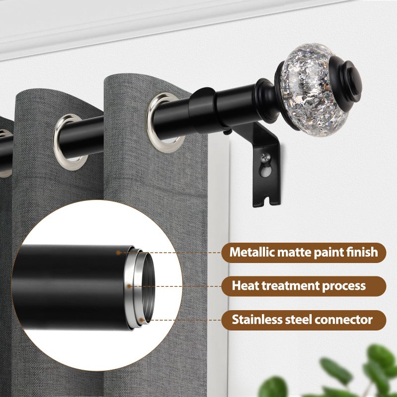 USFOOK Black Curtain Rods 32 to 58 Inches (2.6-4.8ft), USFOOK 7/8 Inch Telescoping Splicing Drapery Rods for Windows 20 to 54 Inch, Decorative Translucent Finials - Image 2