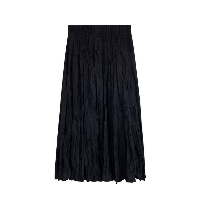 Pleated skirt Womens Spring and Autumn Mid-length high waist A- line black over-the-knee slimming pleated skirt winter with sweater Black