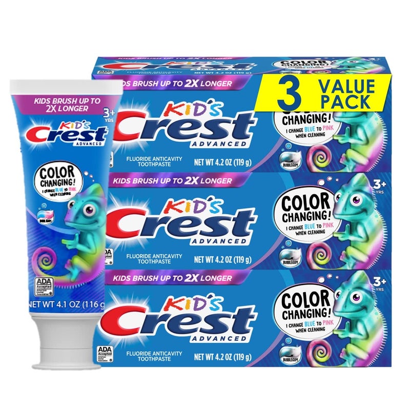 Crest Advanced Kid's Fluoride Toothpaste, Bubblegum Flavor, 4.2 oz, 3 Count, Color-Changing Anticavity Toothpaste - Image 1