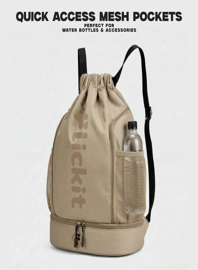 FLICKIT Pro Drawstring Sports Backpack with Shoe Compartment | Waterproof Gym & Football Bag | Mesh Side Pockets | Dual Zip Storage - Image 5