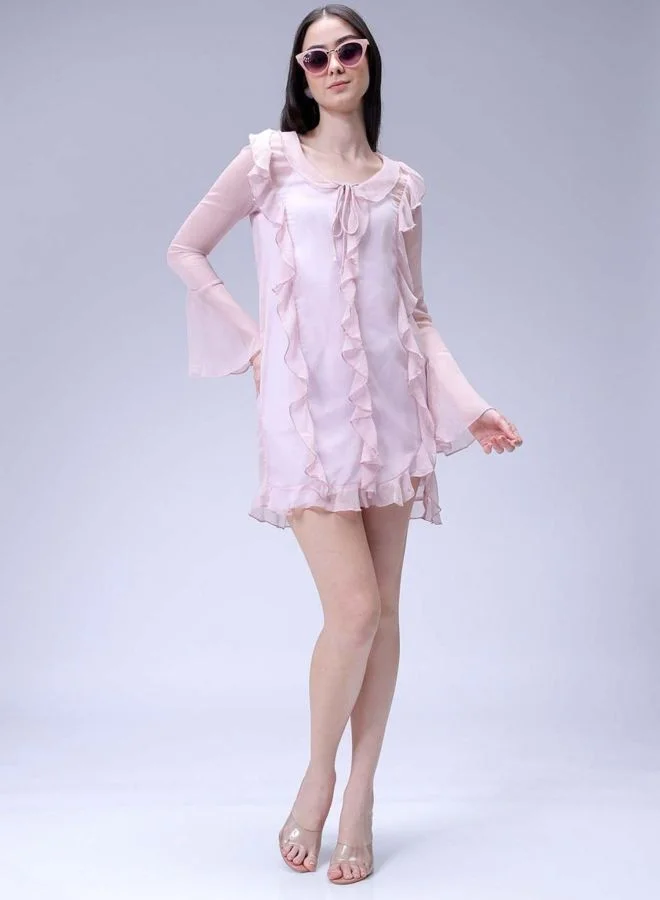 Freehand  Women Fit and Flared Solid V-Neck Long Sleeve Ruffle Dress for Women | Best Price UAE