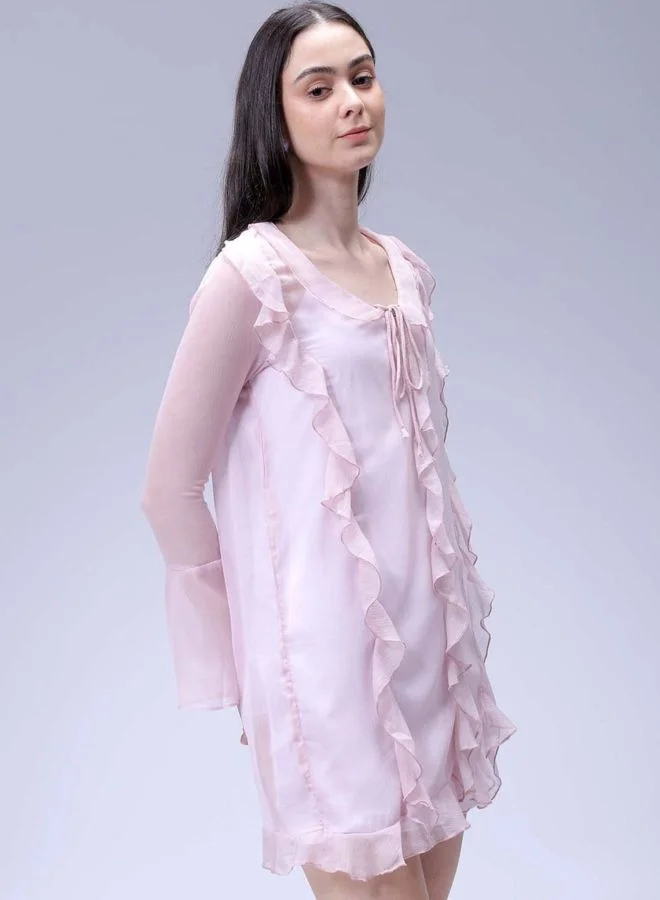 Freehand  Women Fit and Flared Solid V-Neck Long Sleeve Ruffle Dress for Women | Best Price UAE