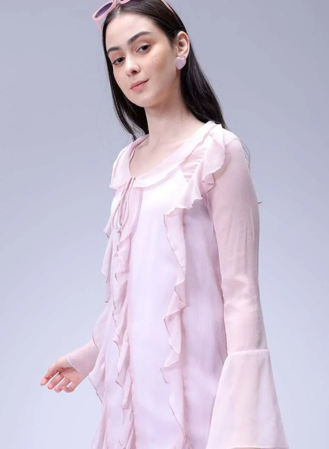 Freehand  Women Fit and Flared Solid V-Neck Long Sleeve Ruffle Dress for Women | Best Price UAE